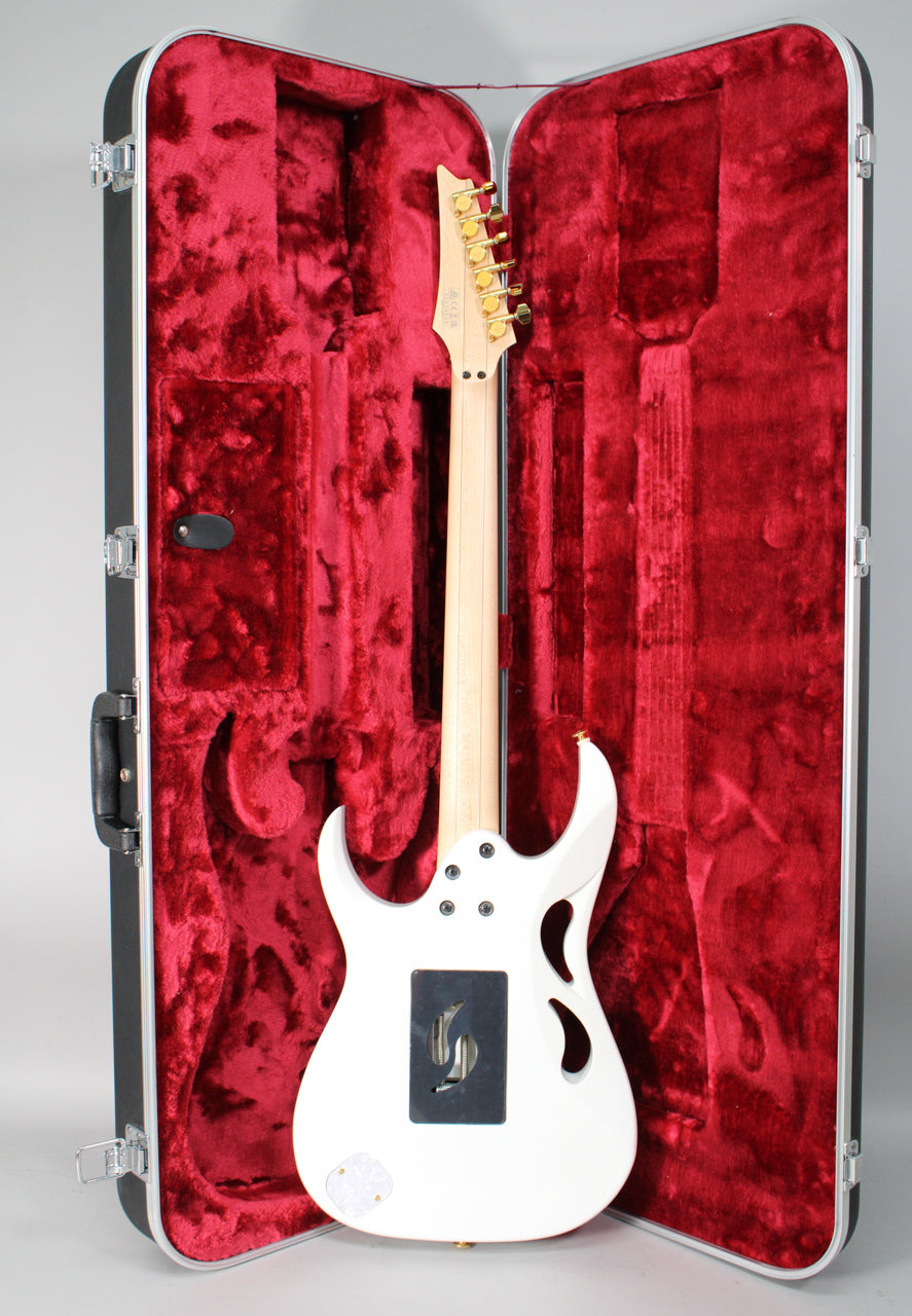 The white electric guitar is shown from the back, neck up, in a red velvet-lined hard case, revealing its tremolo cavity.