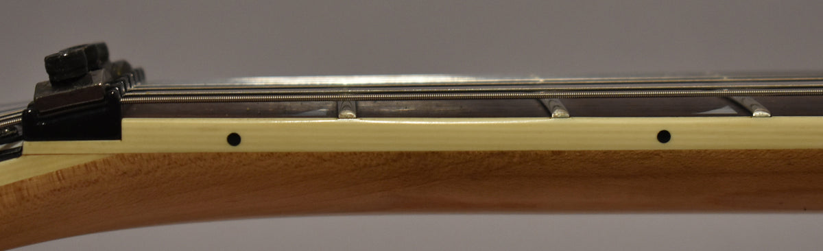 Side view of the guitar neck, showing the light-colored binding with black dot markers, dark fretboard, and a locking nut.