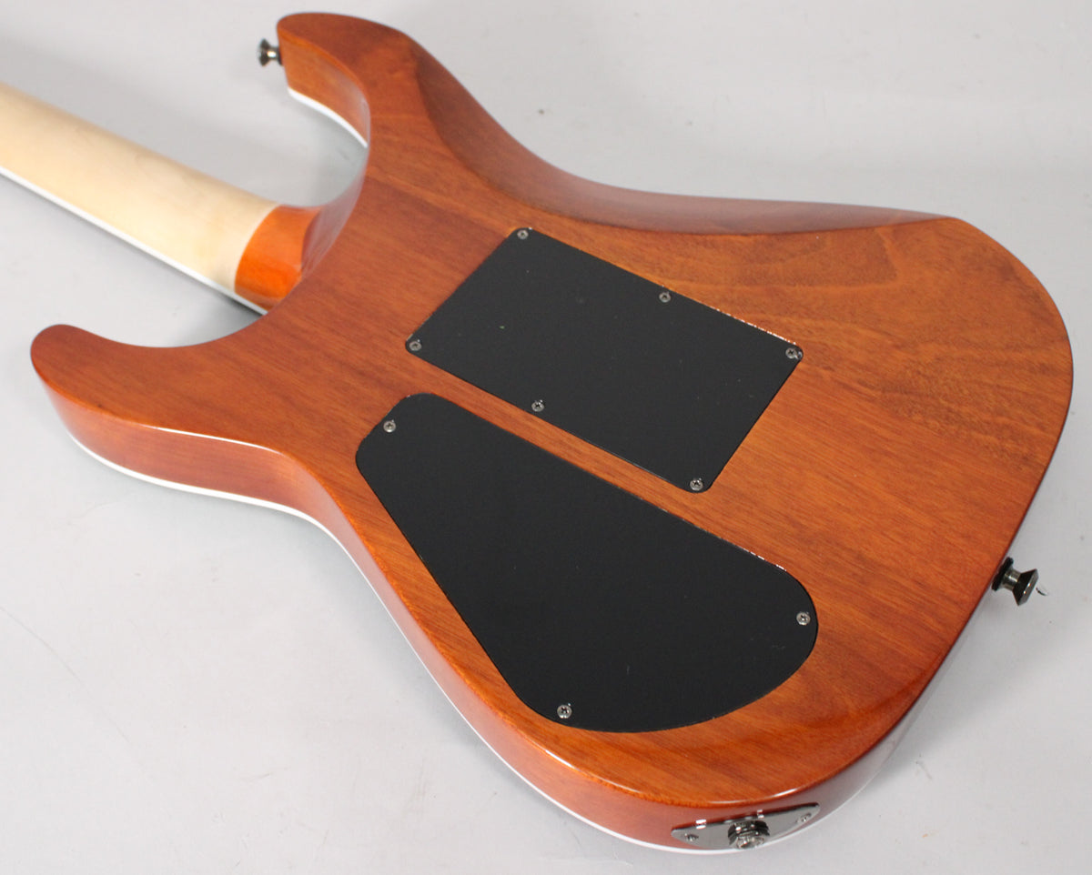 The guitar's back shows a reddish-brown body with two black control cavity covers, a light wood neck, and a chrome output jack.