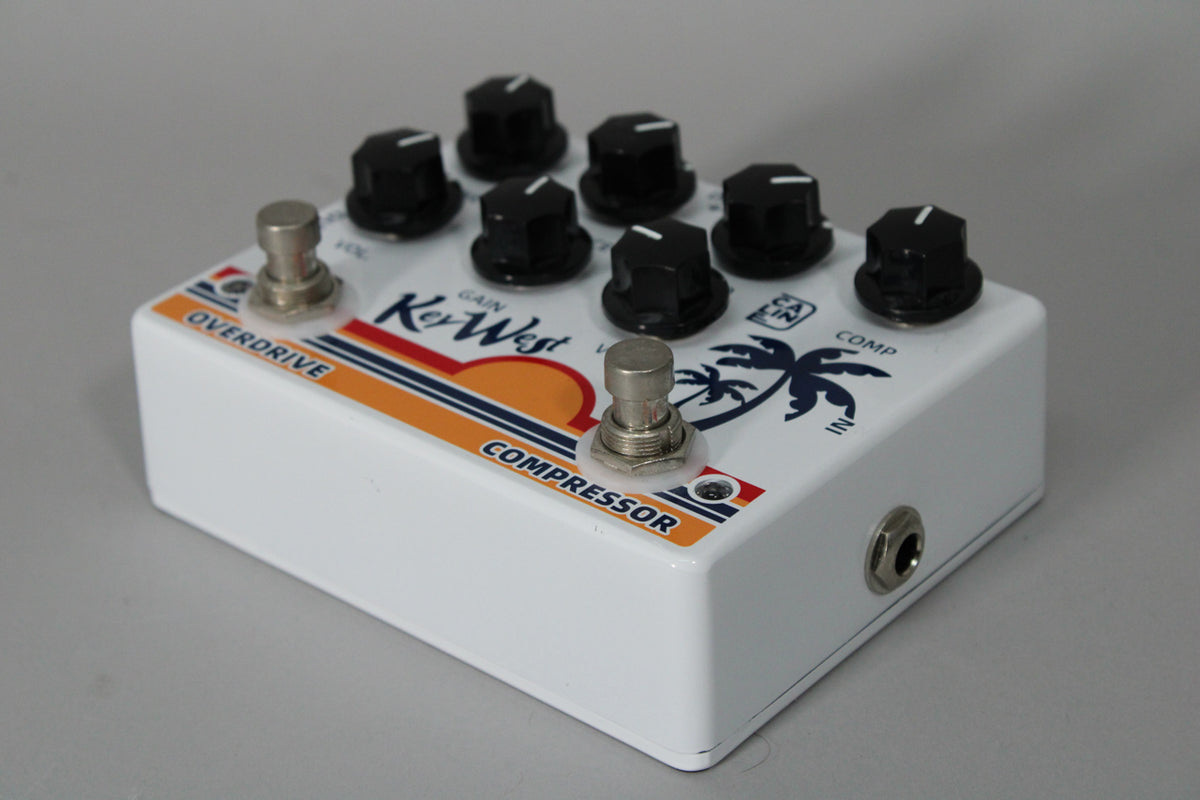 A white pedal with a sunset and palm tree graphic, viewed from the front right, showing eight black knobs, two footswitches, and an input jack.
