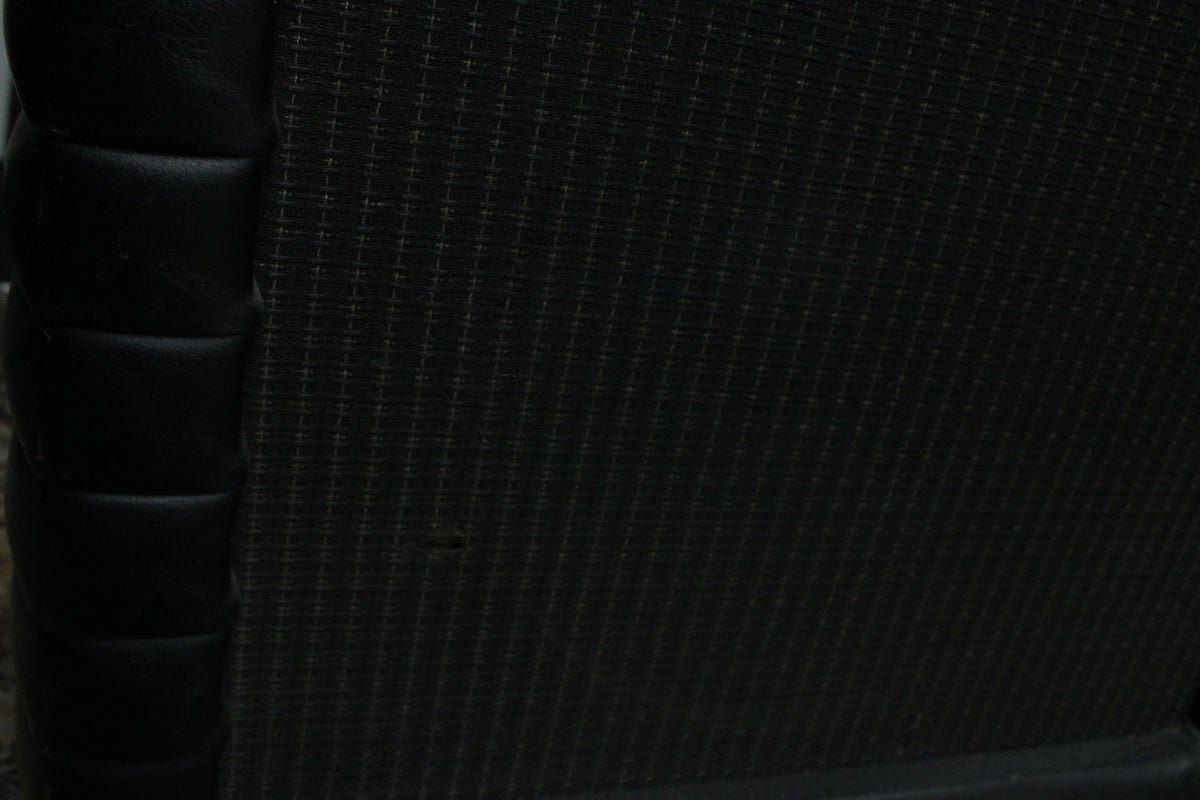 Close-up of the black speaker grille cloth with a small tear, next to the black tuck-and-roll vinyl on the left edge.