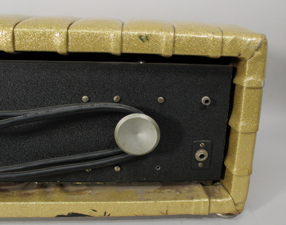 Close-up of the amp's rear, showing a black panel with a silver knob, an input jack, and two cables, framed by gold sparkle upholstery.