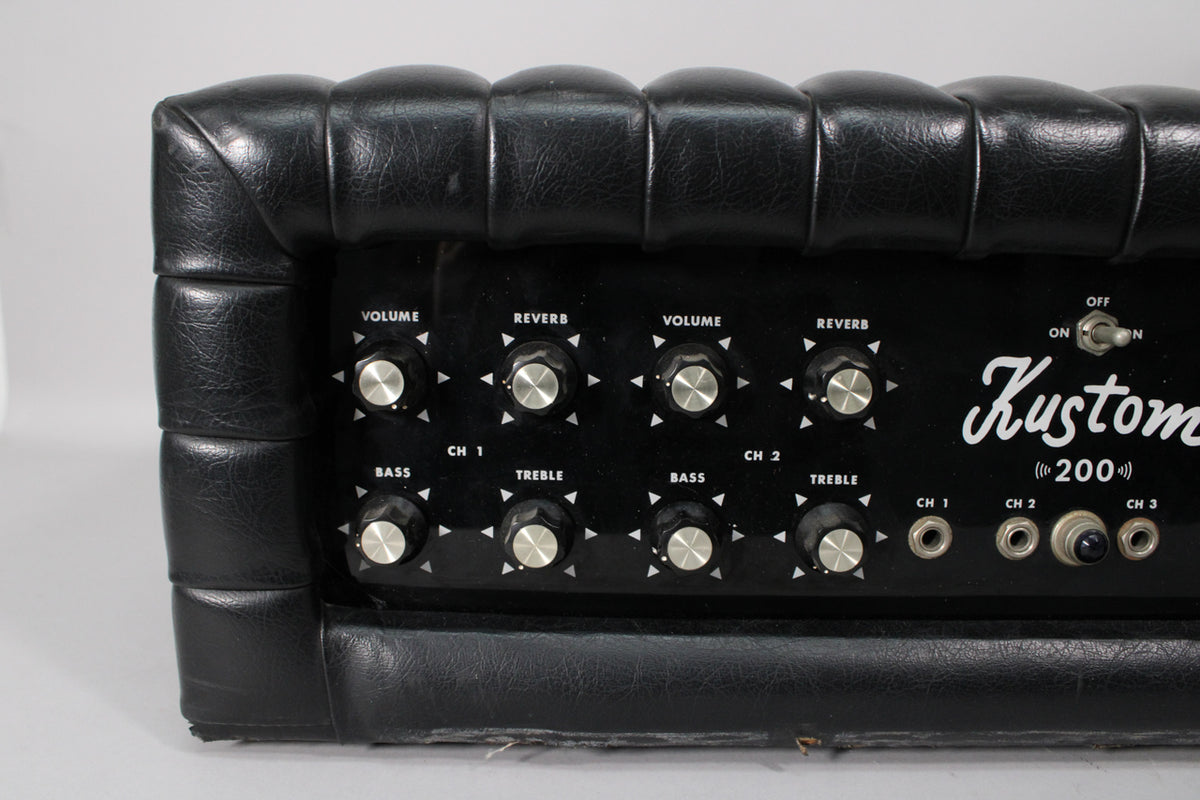 The amp's black tuck-and-roll vinyl front panel is visible, with eight silver-capped black control knobs and three input jacks.
