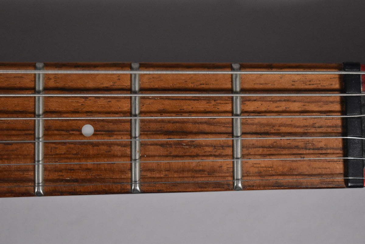 Close-up of the guitar's dark brown fretboard with silver frets and strings, showing a single white dot inlay on the 3rd fret.