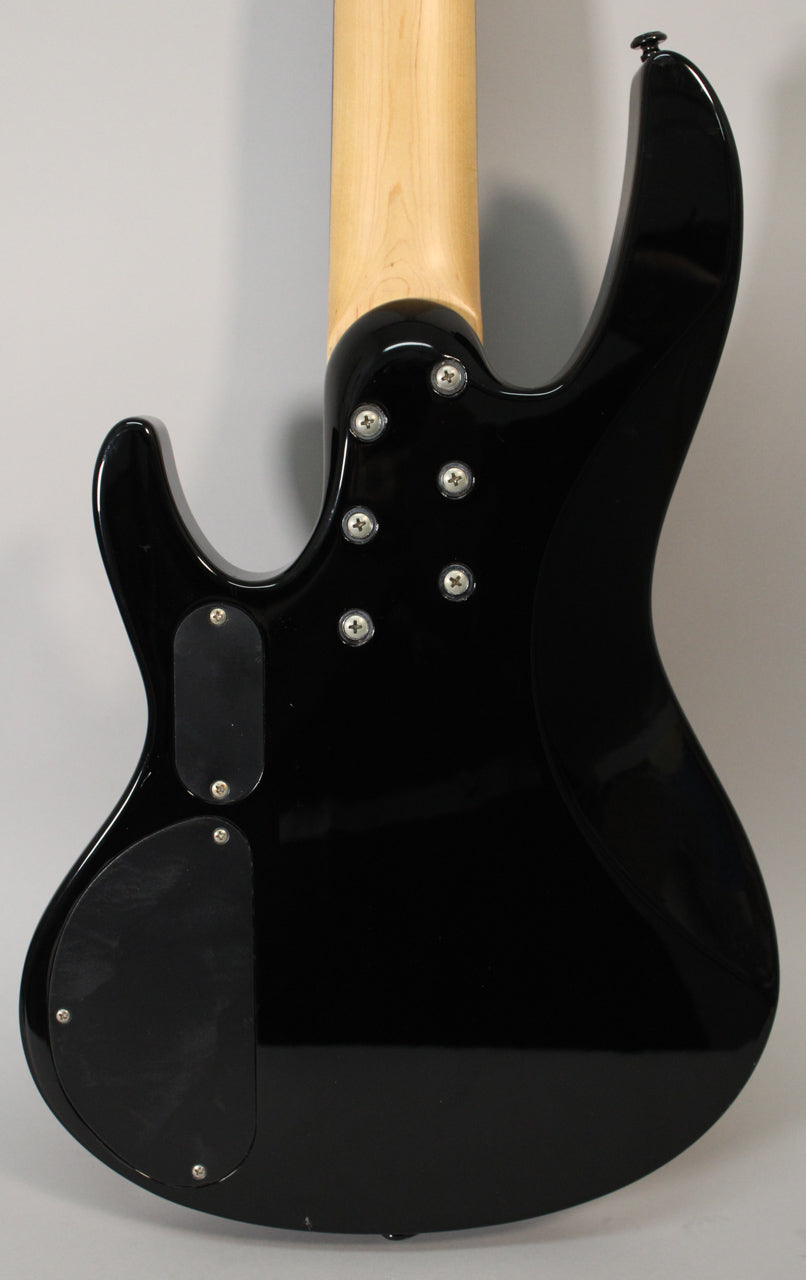 Back of a black bass guitar with a light wood neck, 6 neck screws, and two black control cavity covers.