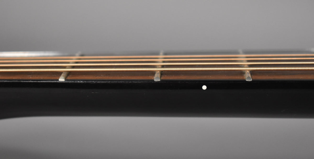 Close-up of the black guitar neck and dark brown fretboard with bronze strings, showing a white side dot marker.