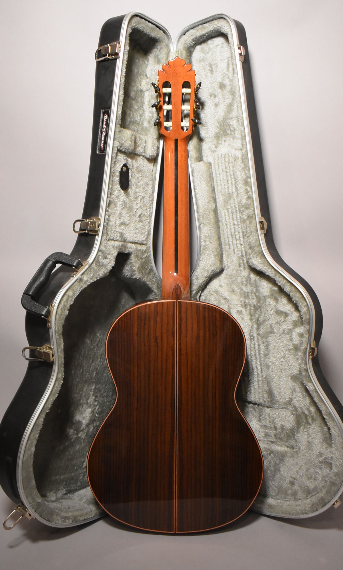 The classical guitar's dark wood back and neck are visible, with the open, plush-lined hard case behind it.