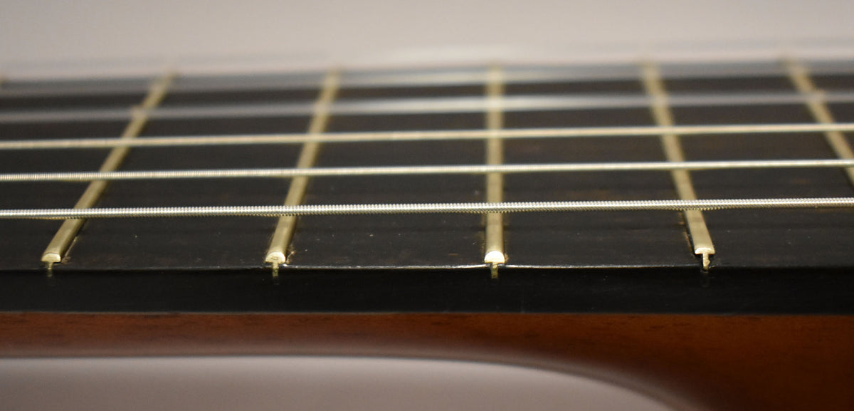 Close-up of the dark fretboard and light strings, showing some wear on the frets and the dark brown neck.