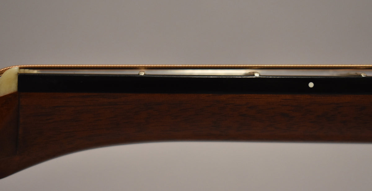 Close-up of the guitar's dark brown neck and black fretboard, showing the first three frets and a single white side dot marker.