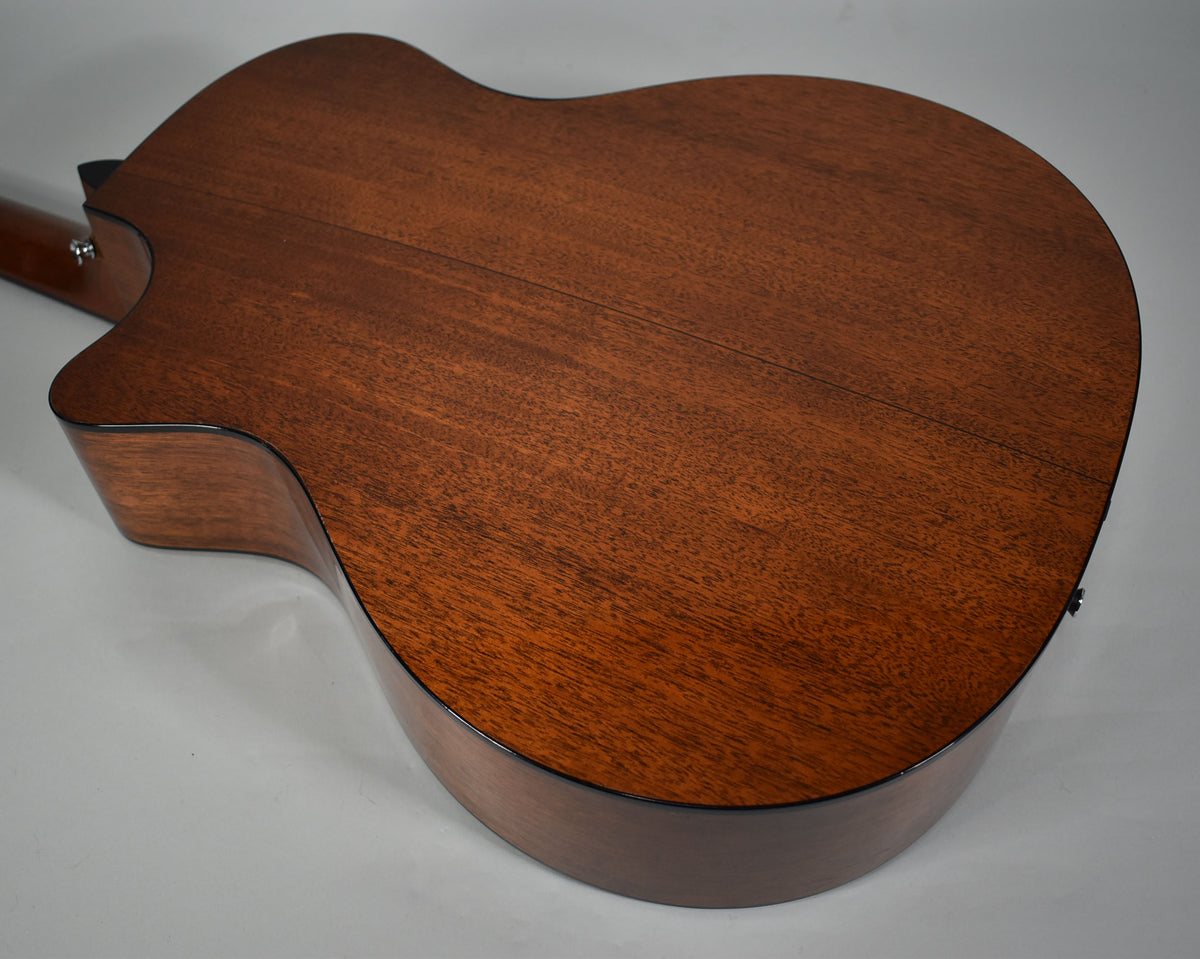 The back of the acoustic guitar, showing its dark reddish-brown wood grain, cutaway, and black binding around the body.