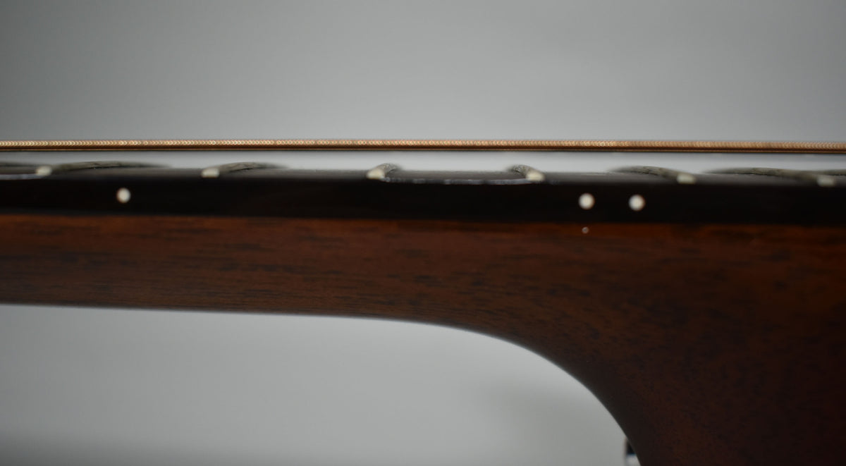 Close-up of the dark brown fretboard and neck, showing white dot inlays and light fret wear on the first three frets.