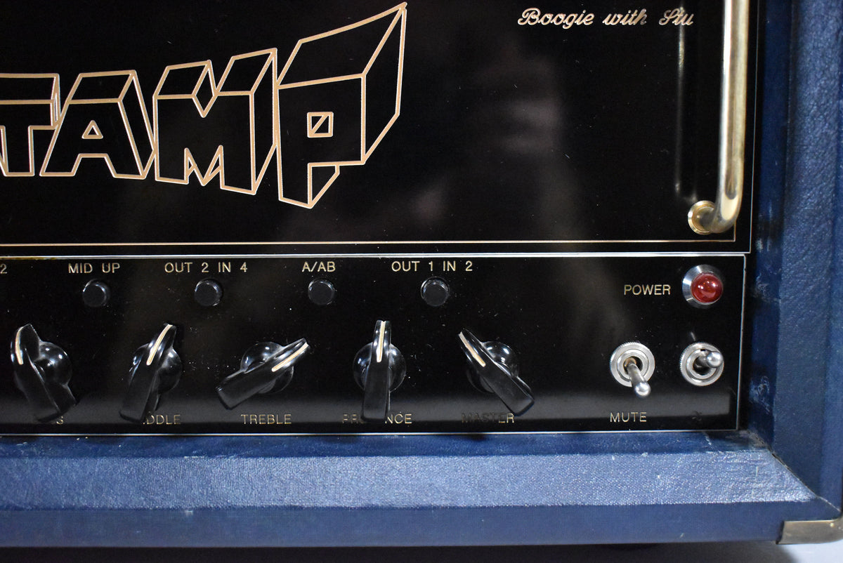 Close-up of the amp's black control panel with black chicken head knobs, push buttons, two toggle switches, and a red power light.
