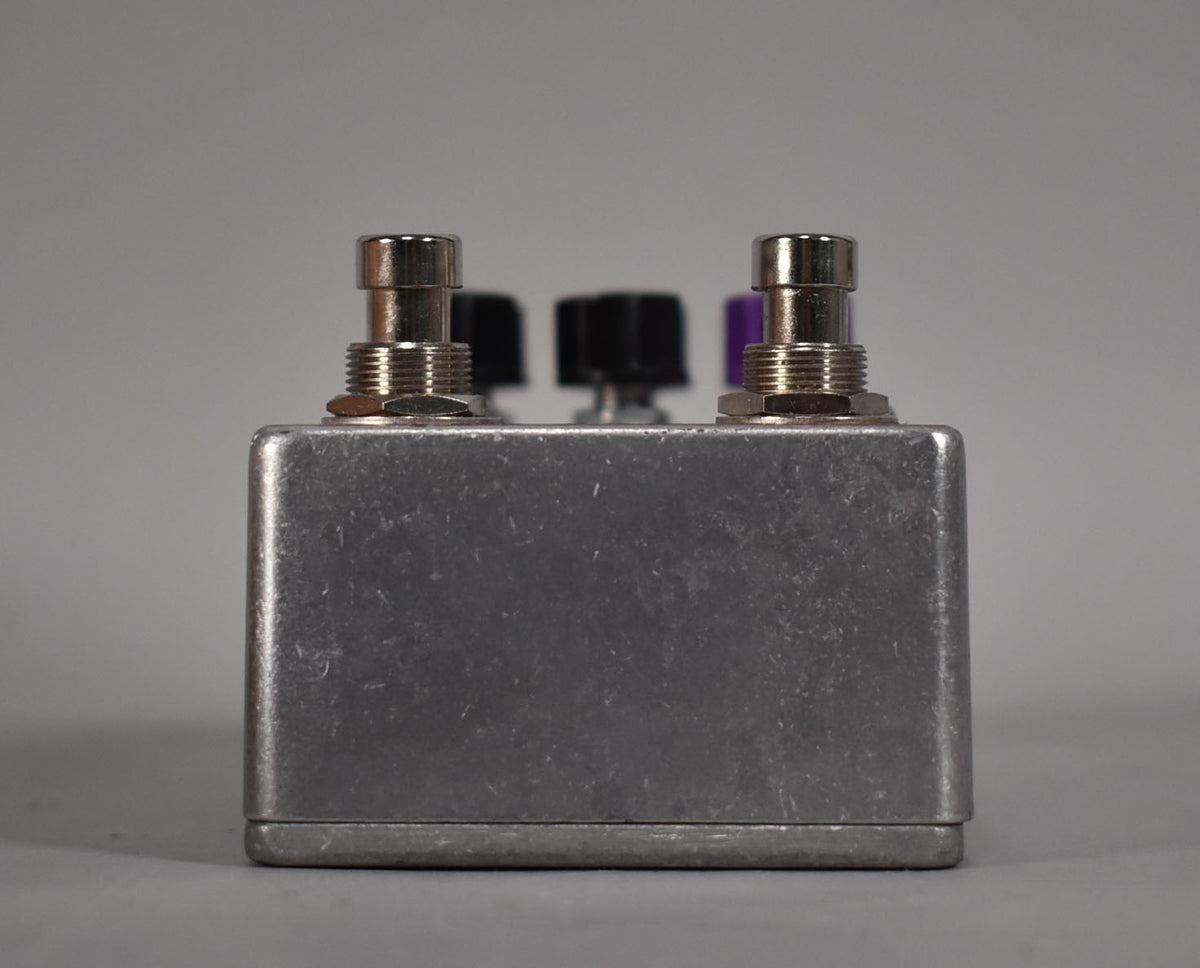 Side view of a brushed metal guitar pedal with two silver footswitches and two dark knobs on top.
