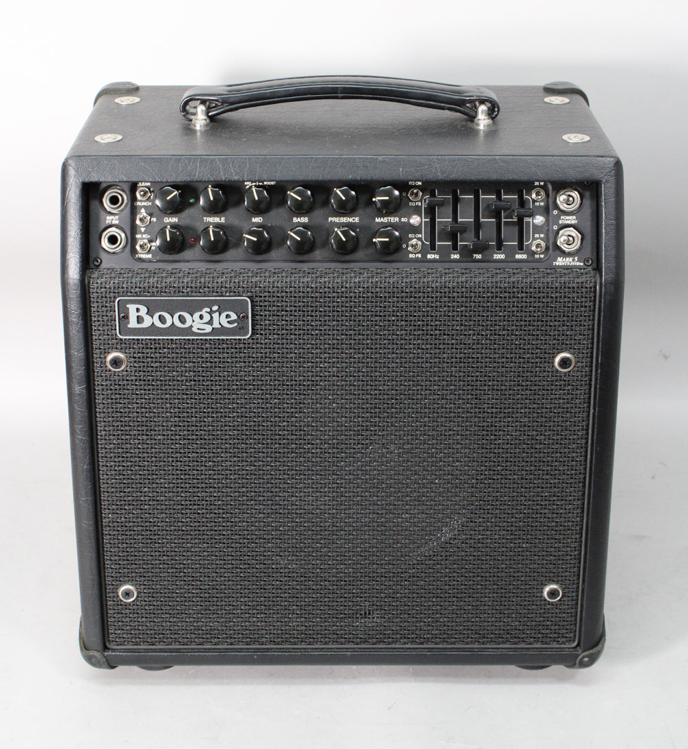 Front view of a black combo amp with a textured grille, 10 control knobs, a 5-band EQ, and a top handle.