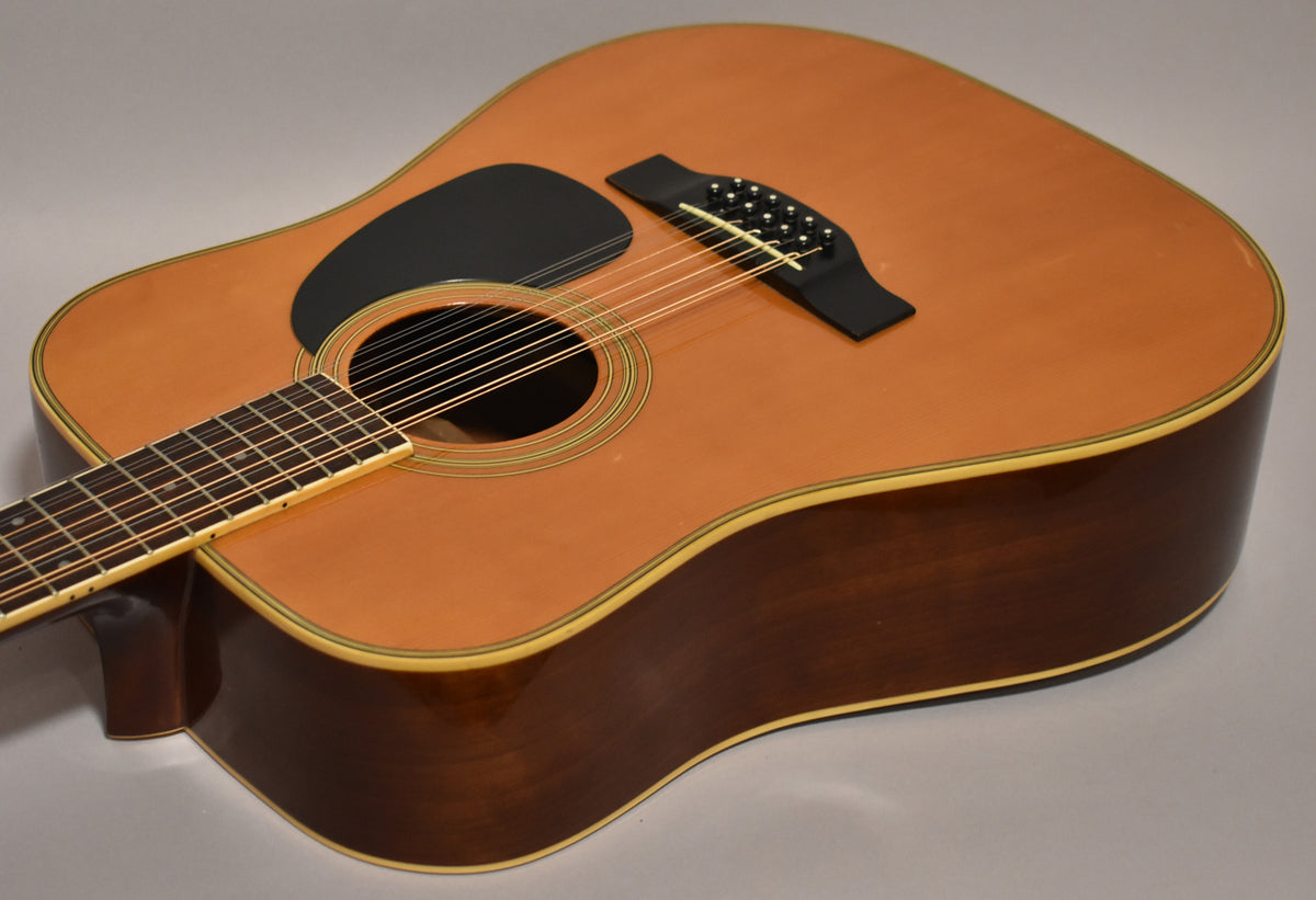 The dreadnought's natural top and dark sides are shown from above, with a black pickguard, bridge, and 12 strings visible.