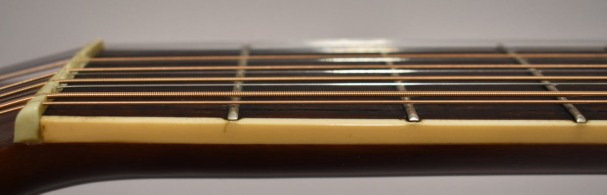Close-up of the guitar's nut and first few frets, showing the dark fretboard, light-colored nut, and 12 strings.