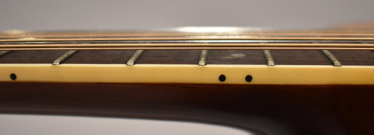 Close-up of the guitar's dark brown fretboard with cream binding, showing six frets, side dots, and 12 strings.