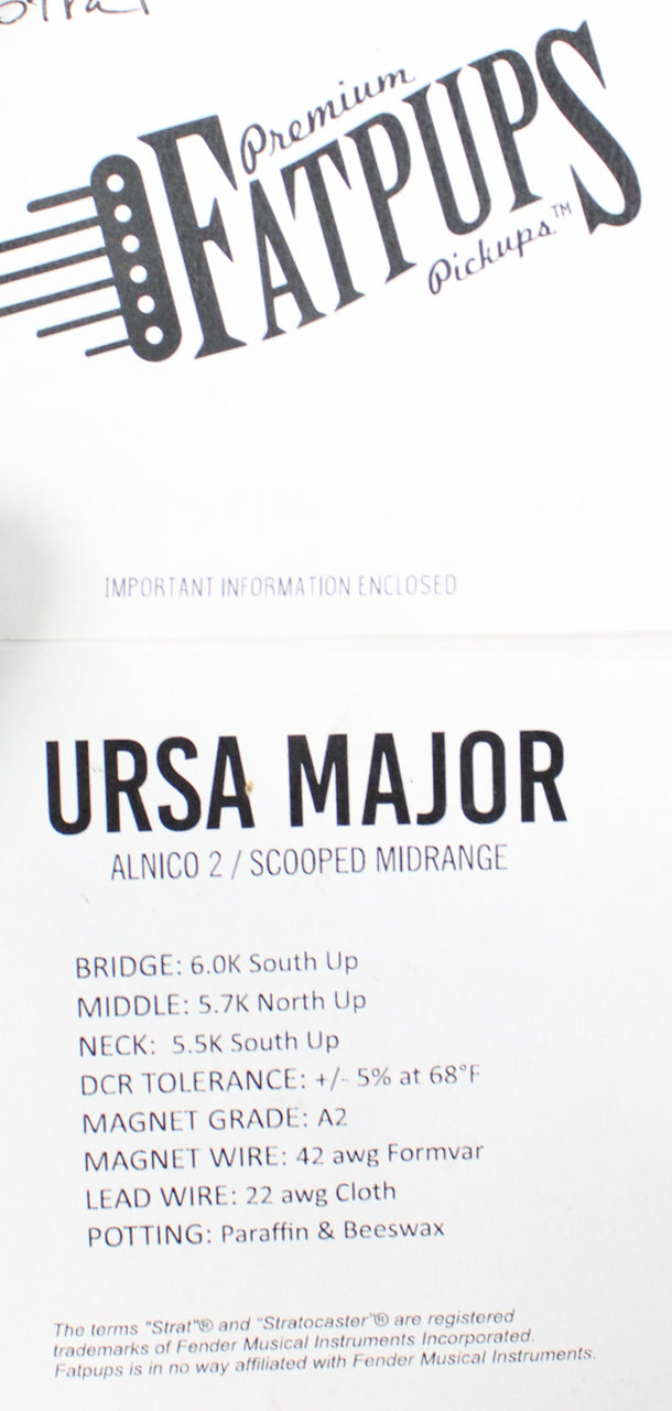 Close-up of a white paper with black text, showing "Premium FATPUP Pickups" logo and "URSA MAJOR" pickup specifications.