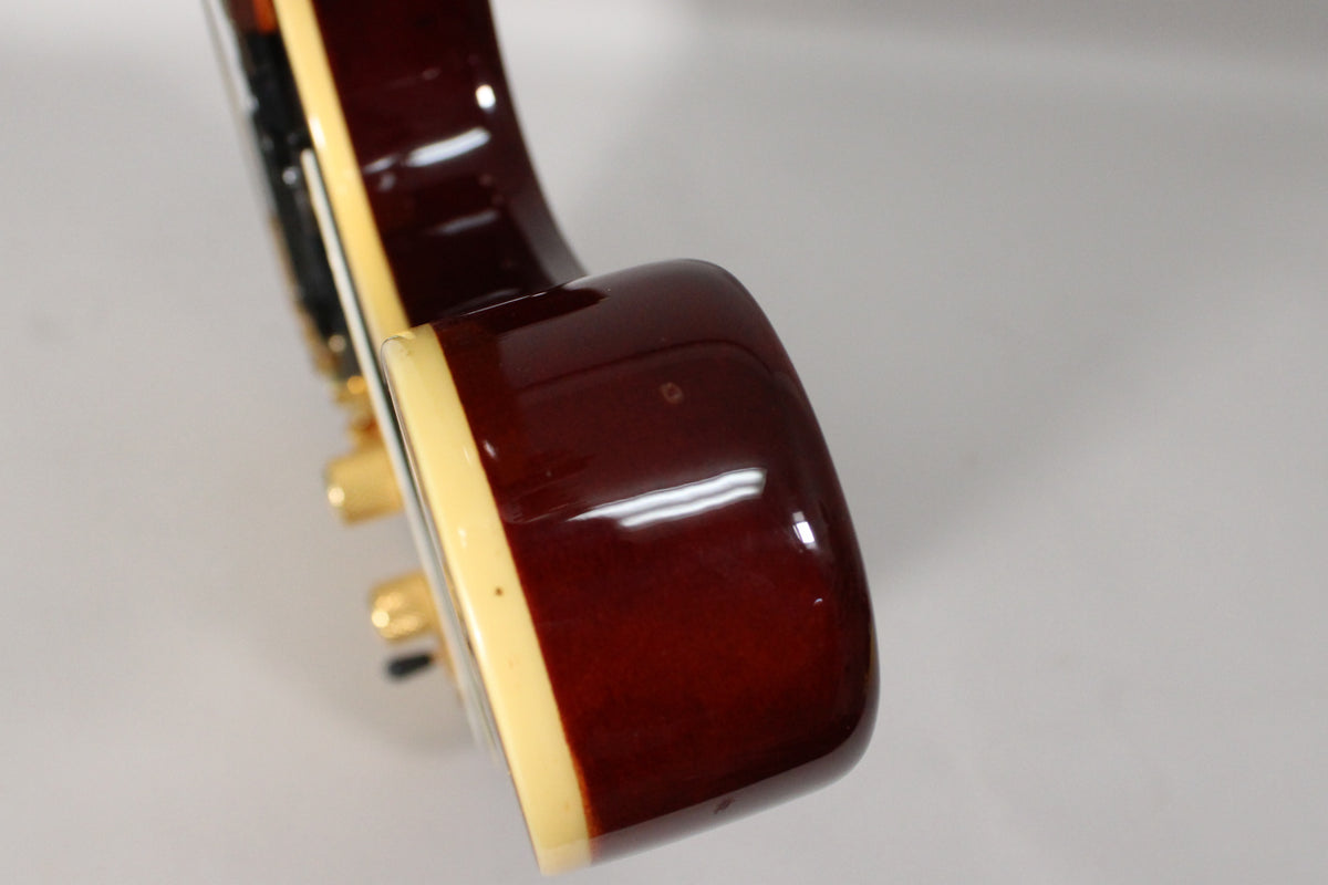 Close-up of the guitar's dark red-brown body edge with cream binding, showing a few small dings and reflections.