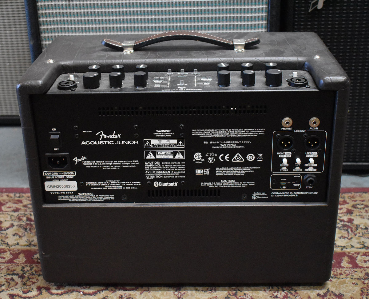 Rear view of a dark brown amp with a leather handle, showing the power switch, input, and various audio jacks.