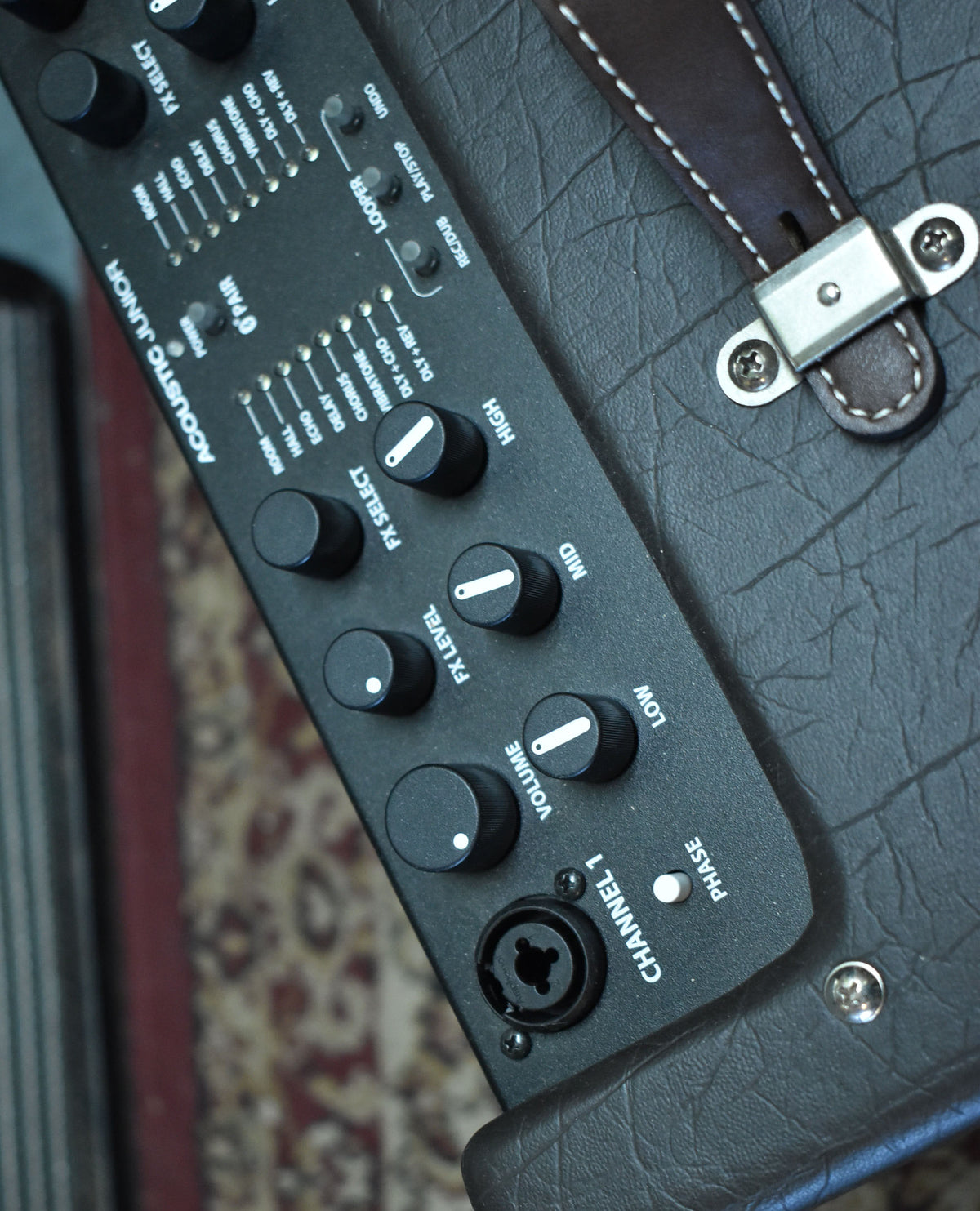 A close-up of the amp's black control panel, showing various knobs, buttons, and a Channel 1 input jack.