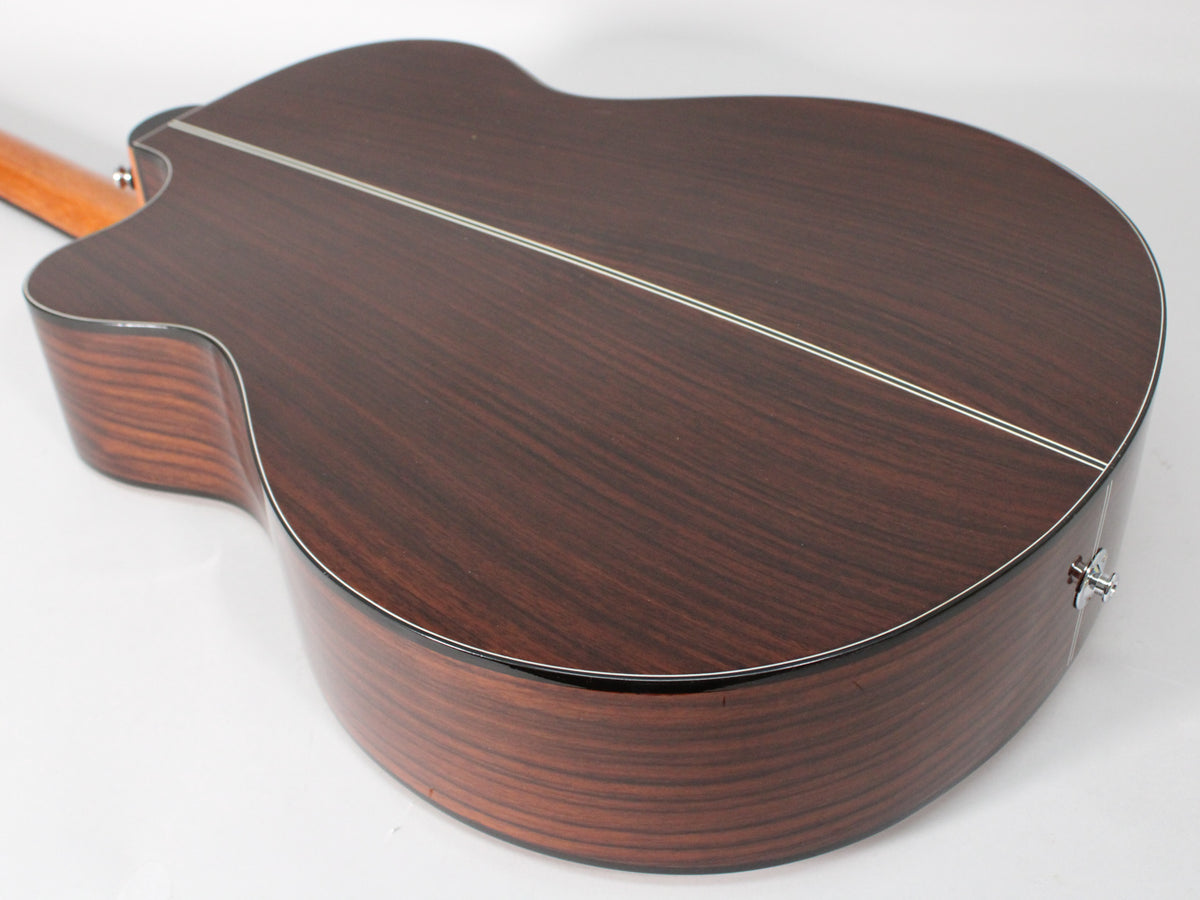 The dark rosewood back and sides of the acoustic guitar are visible, with two thin white lines down the center of the back.