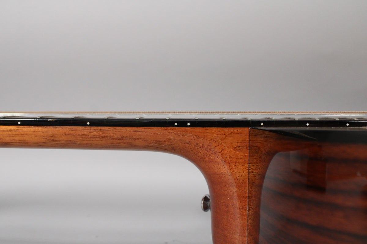 The guitar's dark brown neck and fretboard with white dot inlays meet a glossy, dark striped body.