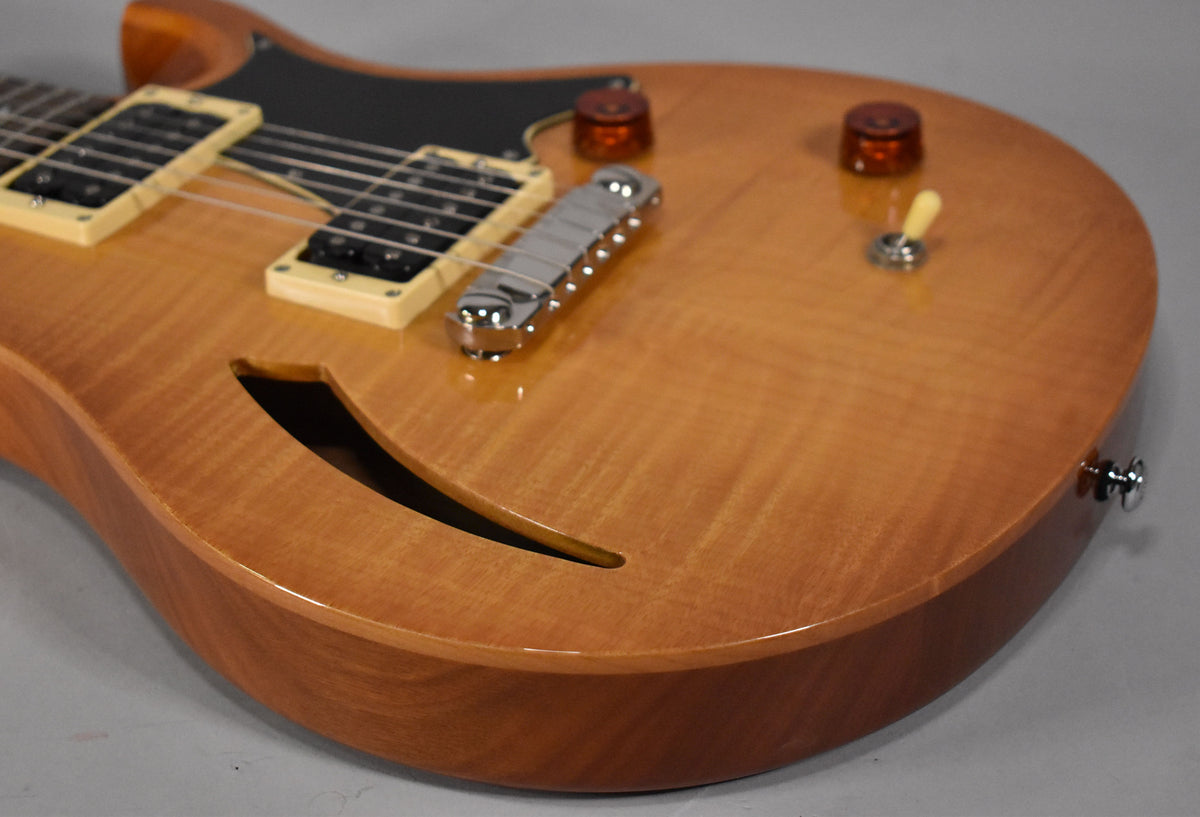 Close-up of the guitar's semi-hollow body in a sunburst finish, showing the f-hole, two humbuckers, and amber control knobs.