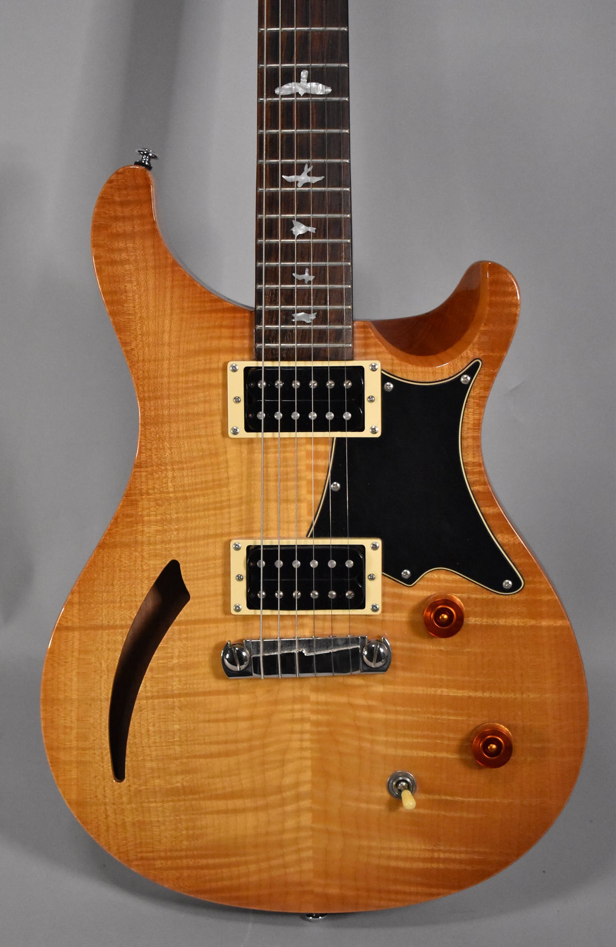Full view of a sunburst semi-hollow electric guitar with a black pickguard, two humbuckers, and an f-hole on the lower bout.