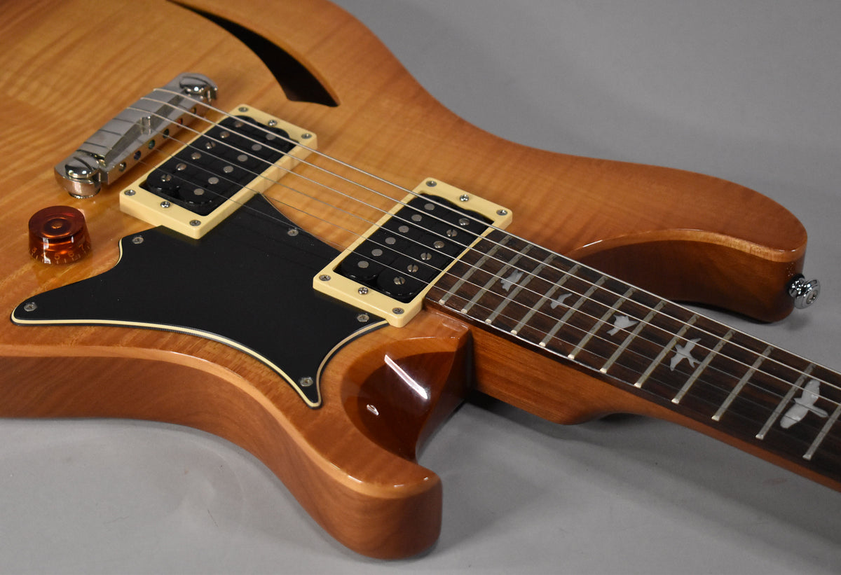 Close-up of the guitar's upper body, showing the f-hole, black pickguard, two cream-framed humbuckers, and bird inlays on the fretboard.