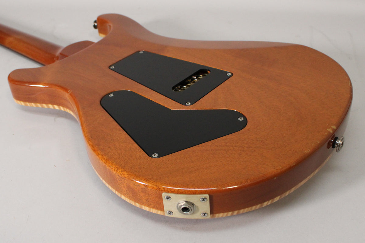 The guitar's glossy reddish-brown back shows two black control plates, a chrome output jack, and light wear on the lower bout.