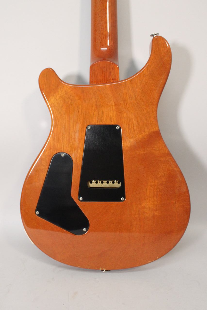 The back of a glossy sunburst guitar with a visible wood grain, showing two black control plates and a tremolo spring cavity.
