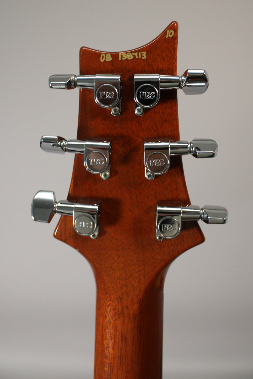 The guitar's mahogany headstock and neck are visible from behind, with six chrome tuners and a faint "10" on the top right.