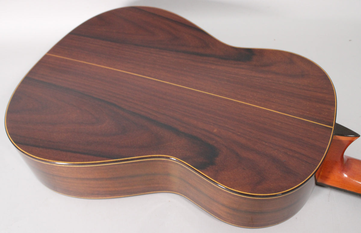 The guitar's dark reddish-brown back, with a lighter wood center stripe, is angled to show the curved sides and heel.