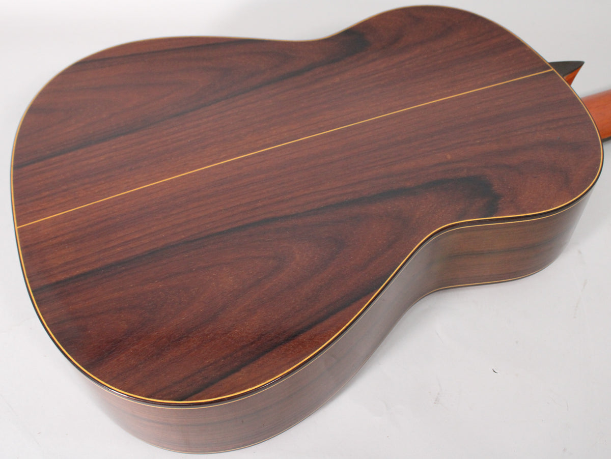 The guitar's dark reddish-brown back and sides, with a lighter wood center strip, are angled from the lower bout to the upper.