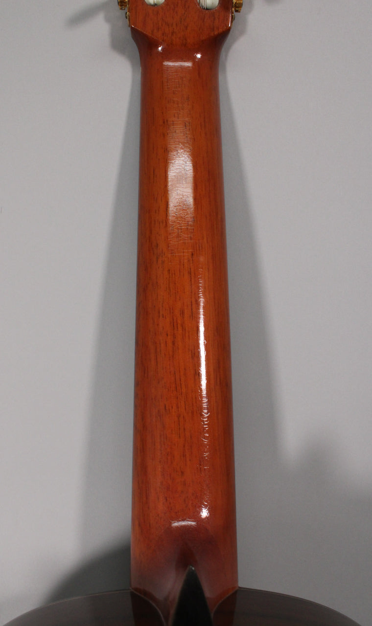 The guitar's glossy reddish-brown neck, viewed from behind, shows fine finish checking and extends to a dark brown body.