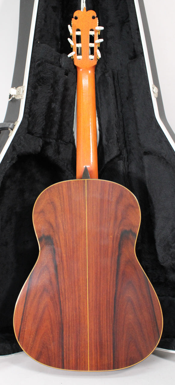 The guitar's back and neck are visible, showing a dark reddish-brown wood grain with a lighter center seam and a glossy finish.