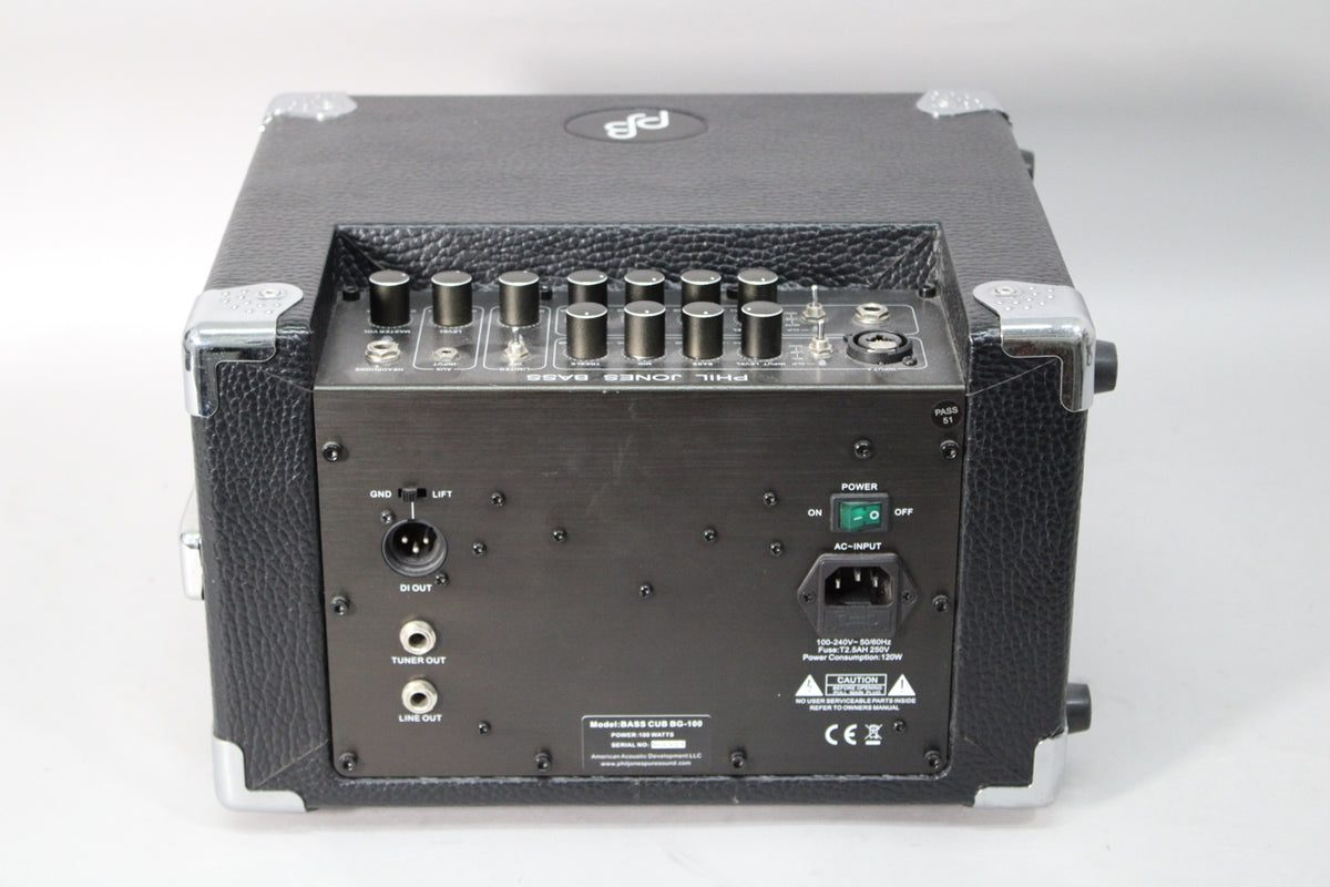 The black textured combo amp is viewed from the rear, showing the control panel with 10 knobs, a power switch, and various inputs/outputs.