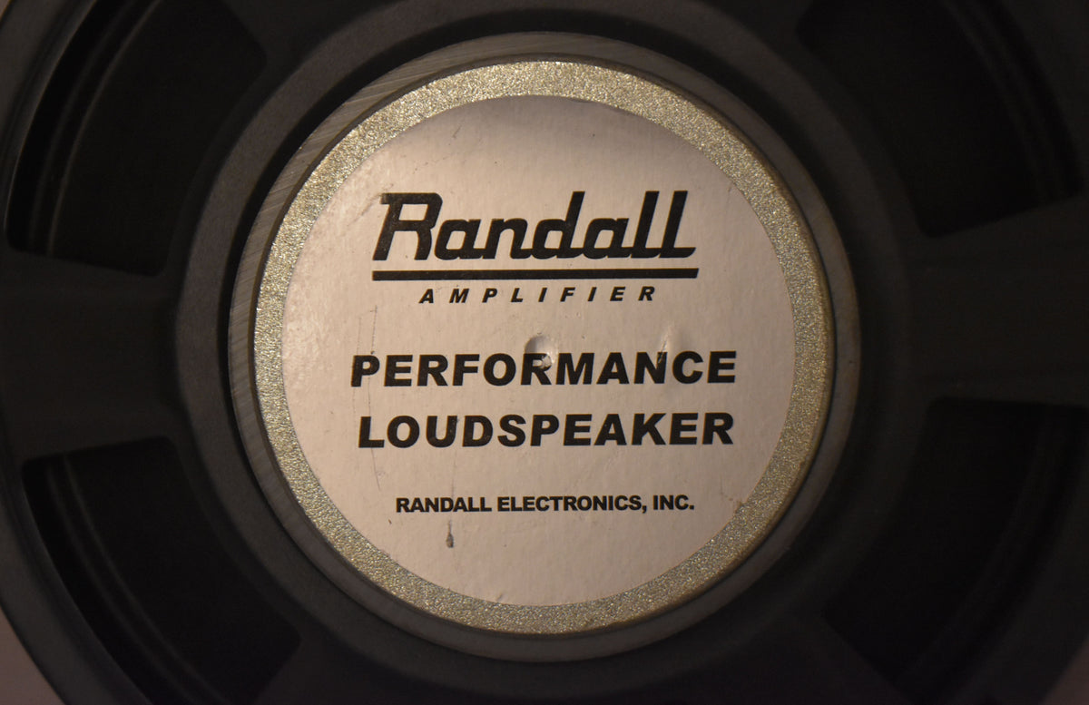 Close-up of the speaker's center dust cap, showing a light-colored paper cone with a small dent and a few dark marks.