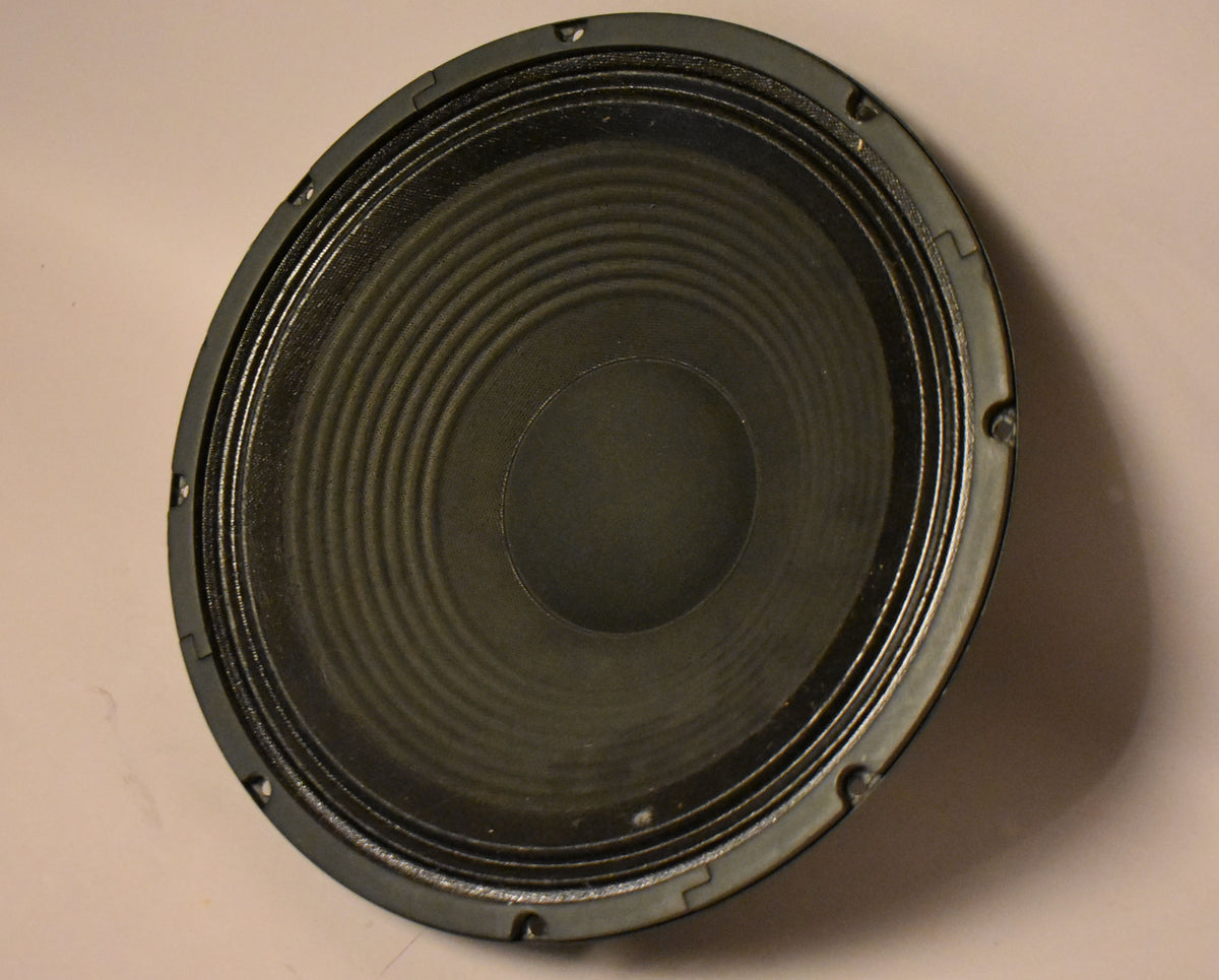 A dark grey speaker with a ribbed cone, viewed from a slight angle, showing mounting holes around the rim.