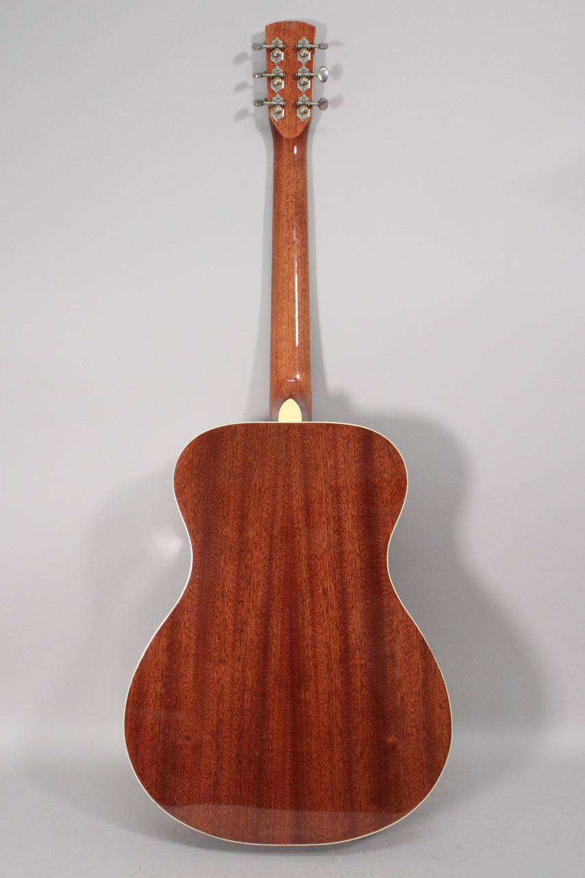 The back of a cherry sunburst resonator guitar with a wood grain body and a light-colored binding.