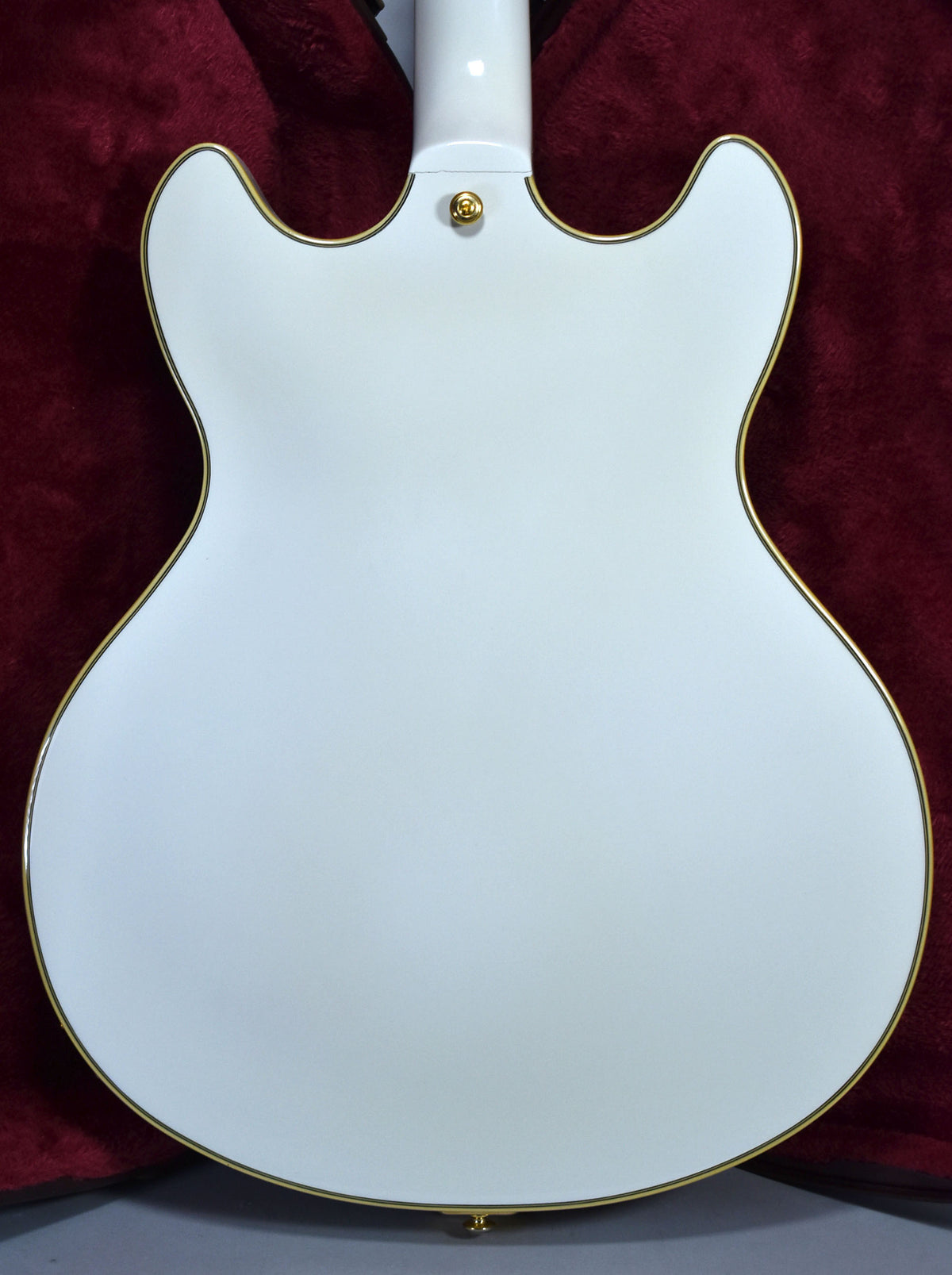 Full rear view of a glossy white hollow-body electric guitar with gold binding and hardware, including a gold strap button.