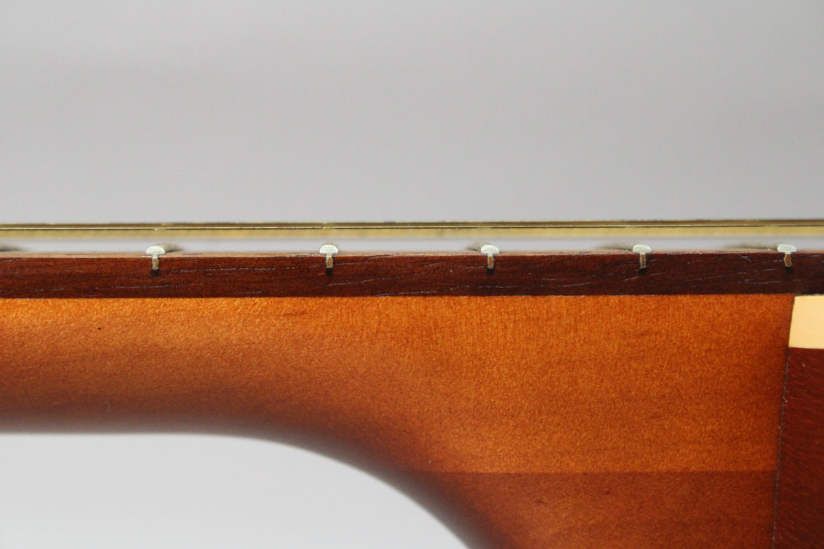 Close-up of the guitar's neck and fretboard, showing five white fret markers and the warm brown wood grain.