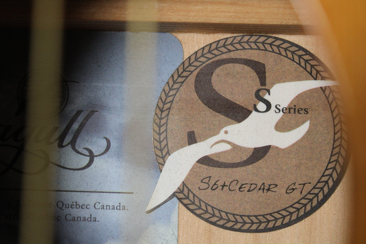 Close-up of the soundhole label, showing a brown circular logo with a white seagull and "S Series" text, partially obscured by shadow.