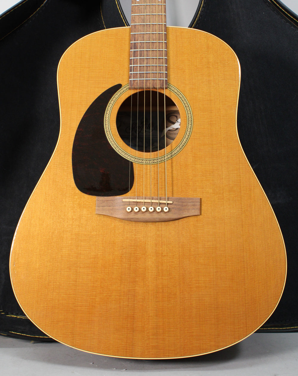 The acoustic guitar's light-colored cedar top is framed from the neck to the lower bout, showing a dark pickguard and wood bridge.