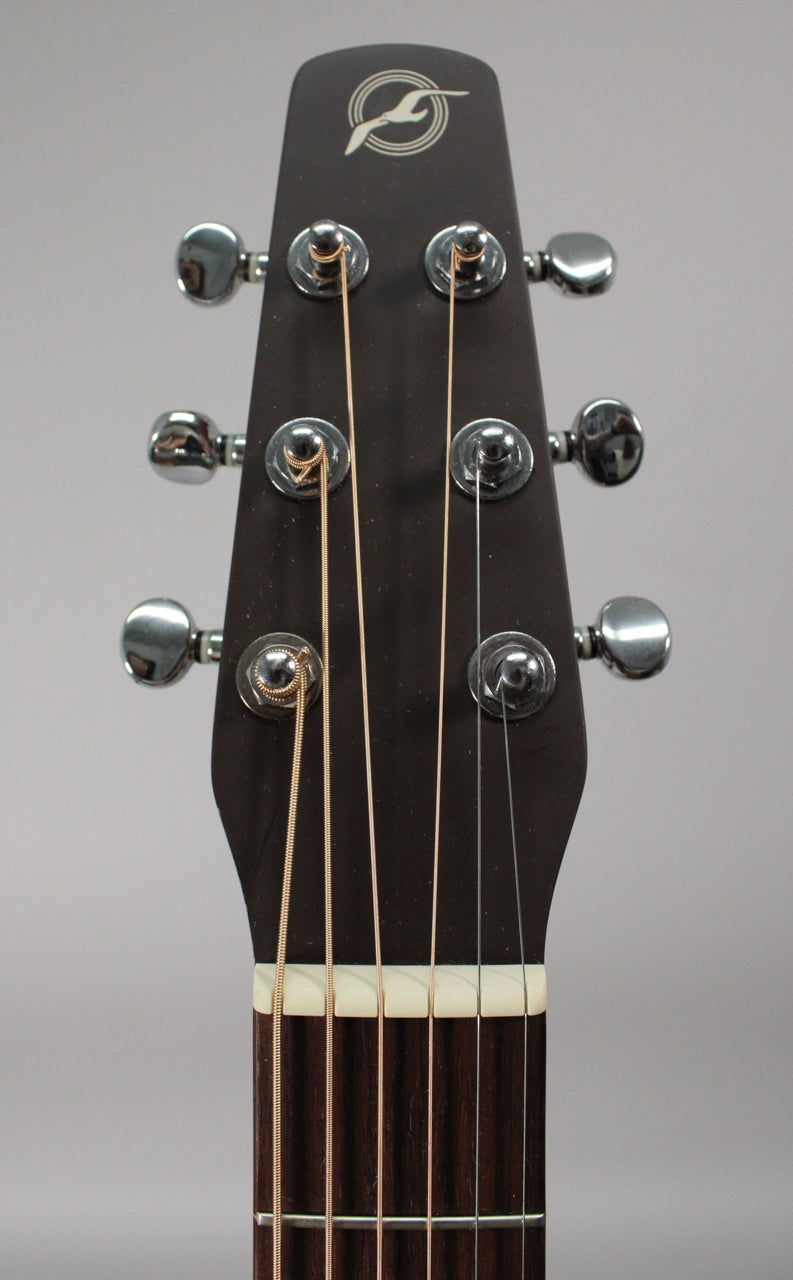 The guitar's dark matte headstock is centered, showing six chrome tuners, a white nut, and the top of the dark fretboard.
