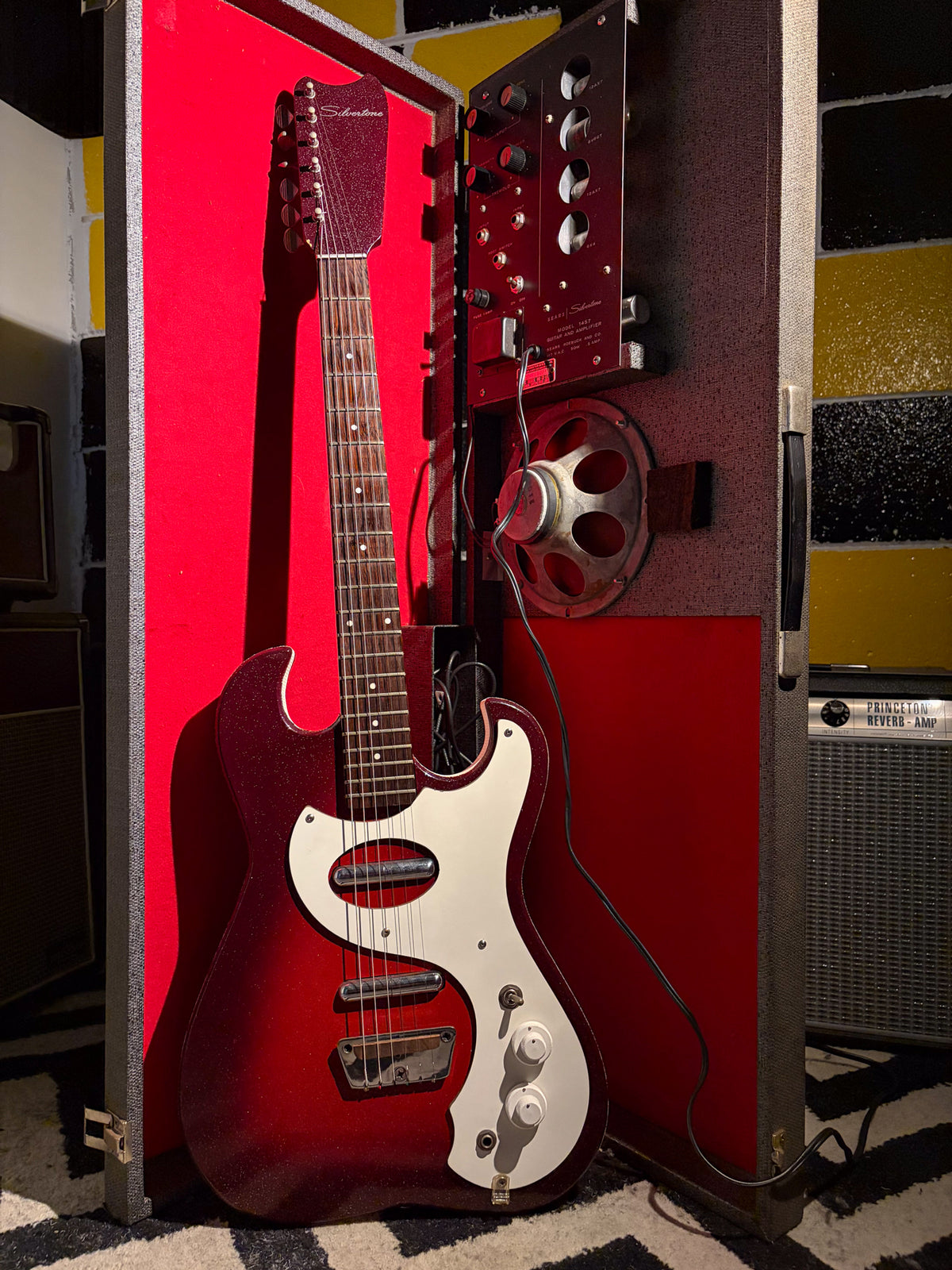 Circa 1960 's Silvertone Model 1457 Guitar And Amplifier "Amp In Case" Red Sparkle