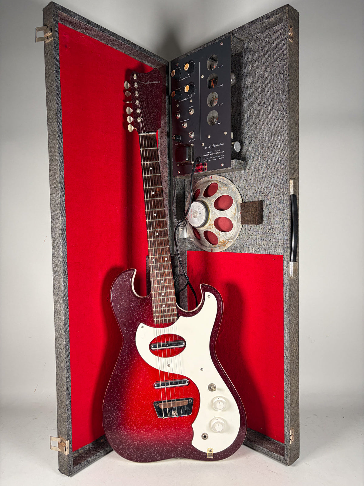 Circa 1960 's Silvertone Model 1457 Guitar And Amplifier "Amp In Case" Red Sparkle