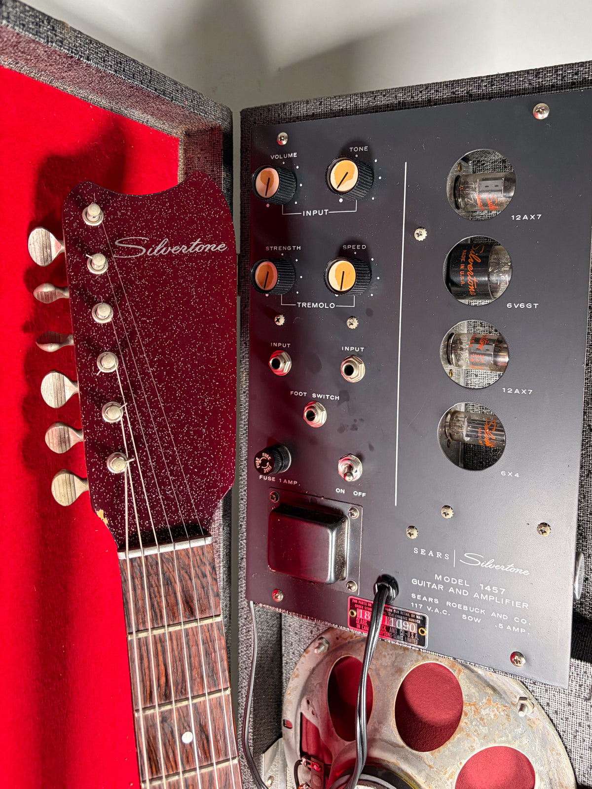 Circa 1960 's Silvertone Model 1457 Guitar And Amplifier "Amp In Case" Red Sparkle