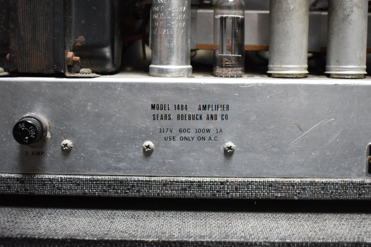 Close-up of the amp's brushed metal rear panel, showing a black fuse cap, two screws, and visible scratches and wear.